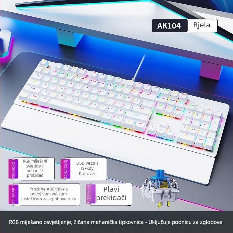 Mehanička tipkovnica AK104, 104 tipki, žično spojenje, RGB pozadinsko osvjetljenje, s podrškom za zglob, vodootporna