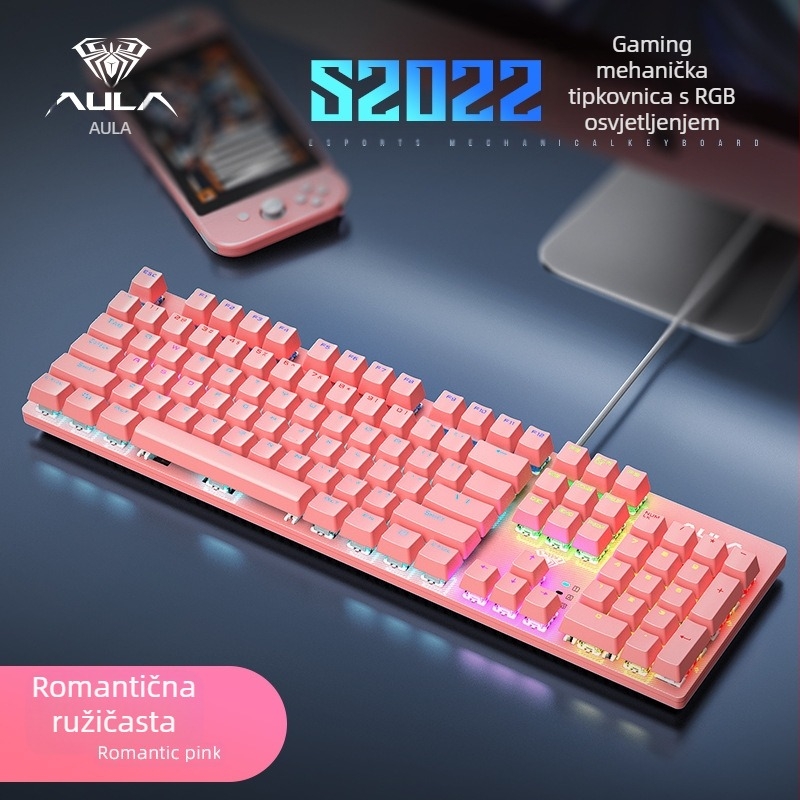 S2022 Žičana gaming mehanička tipkovnica sa zelenim prekidačima, USB, više od 98 tipki, kabel duljine 1,6 m, RGB rasvjeta