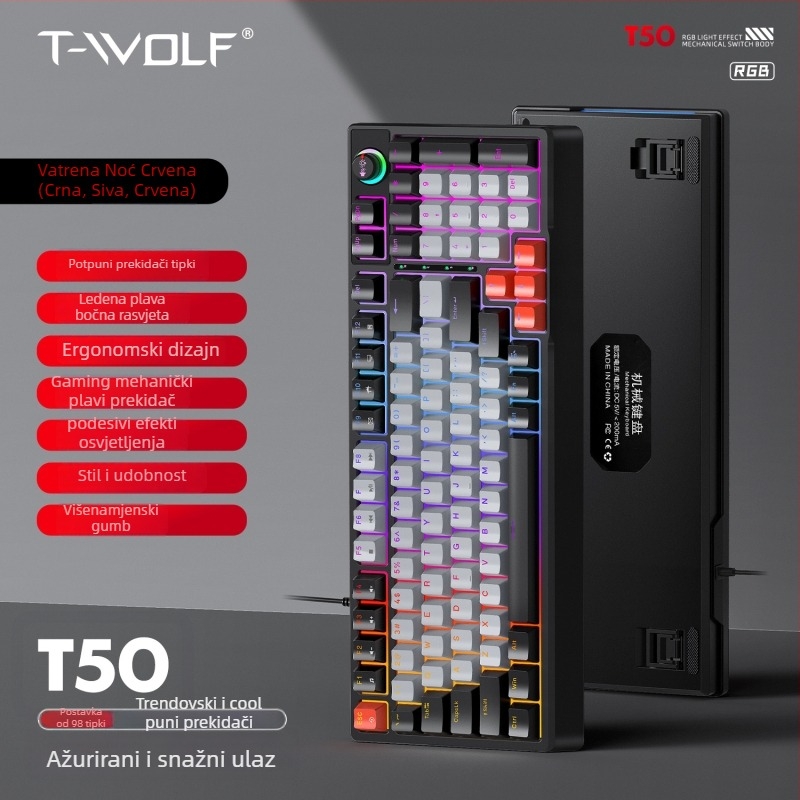 Mehanička gaming tipkovnica s USB kabelom, RGB pozadinskim osvjetljenjem, kotačićem za upravljanje i podrškom za zglob, univerzalna kompatibilnost