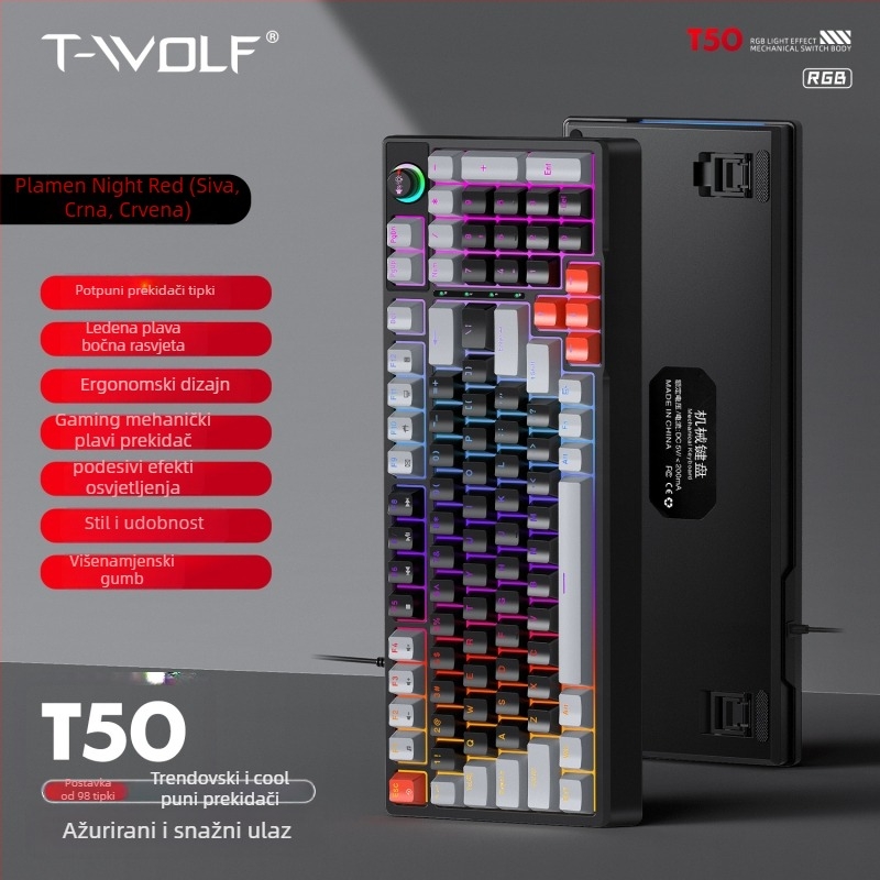 Mehanička gaming tipkovnica s USB kabelom, RGB pozadinskim osvjetljenjem, kotačićem za upravljanje i podrškom za zglob, univerzalna kompatibilnost