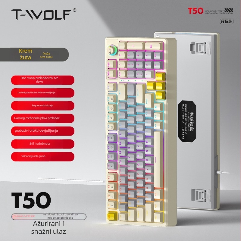 Mehanička gaming tipkovnica s USB kabelom, RGB pozadinskim osvjetljenjem, kotačićem za upravljanje i podrškom za zglob, univerzalna kompatibilnost