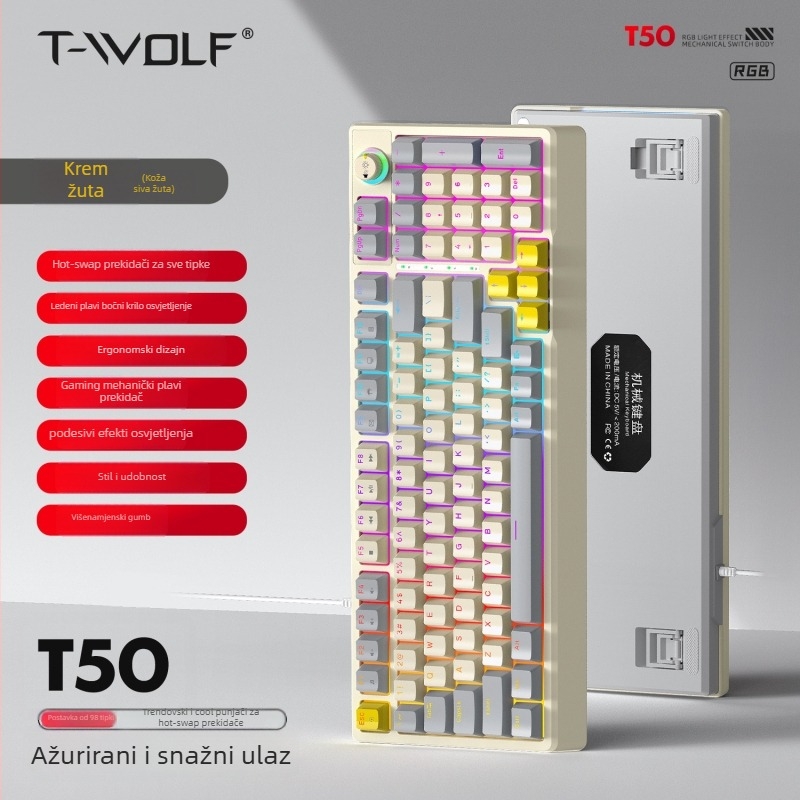 Mehanička gaming tipkovnica s USB kabelom, RGB pozadinskim osvjetljenjem, kotačićem za upravljanje i podrškom za zglob, univerzalna kompatibilnost