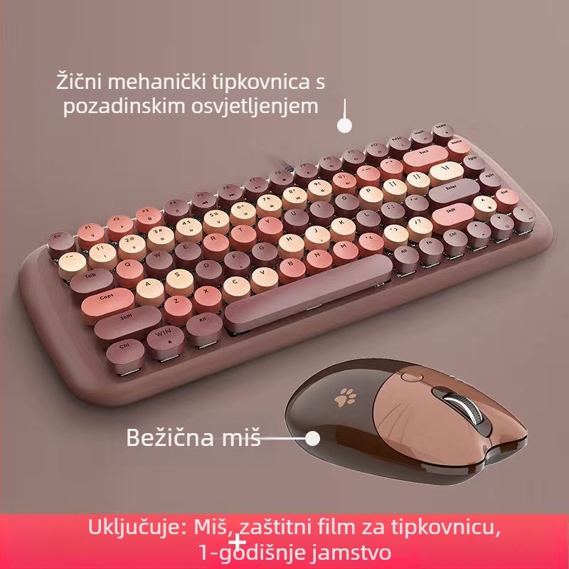 Žični mehanički set tipkovnice i miša s kružnim tipkama u punk retro stilu, USB tipkovnica i USB miš