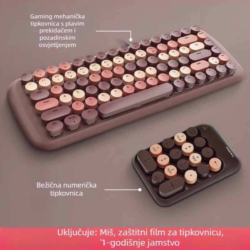 Žični mehanički set tipkovnice i miša s kružnim tipkama u punk retro stilu, USB tipkovnica i USB miš