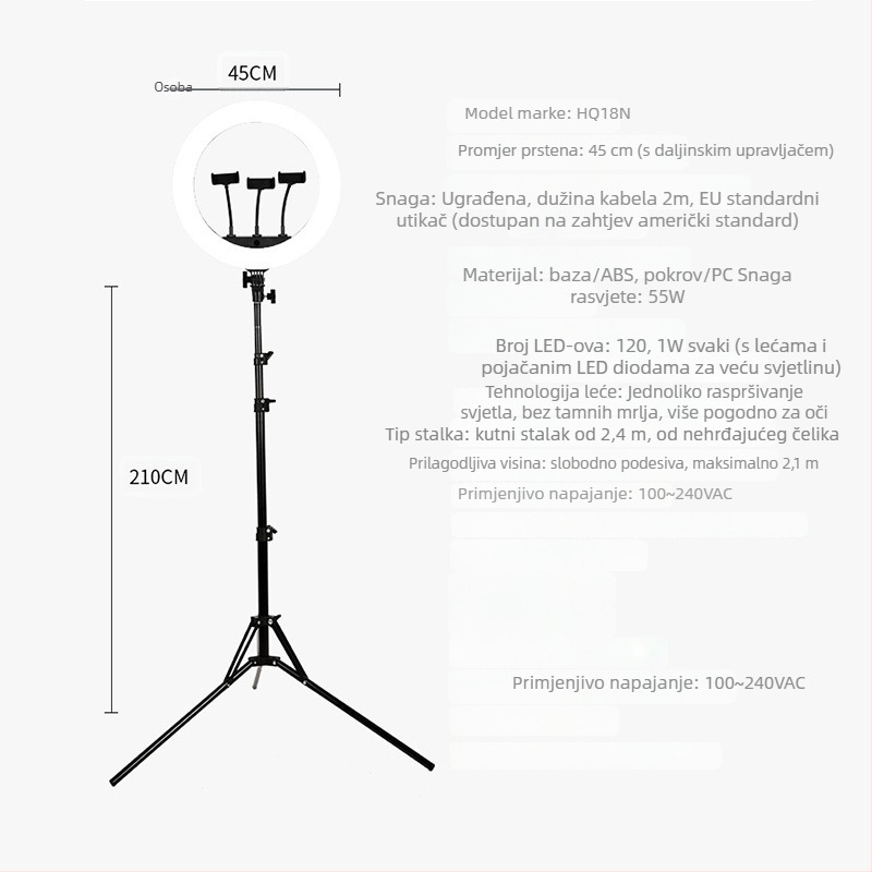 LED kružno svjetlo za uživo streaming, HQ-18N, 55W, 110-220V, sklopivo