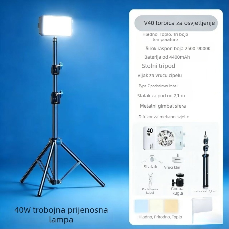 Pocket RGB LED rasvjetno svjetlo — ručno, ugrađena baterija, 25W/40W, 7.4V, za fotografiju, kratke videozapise i snimanje na otvorenom