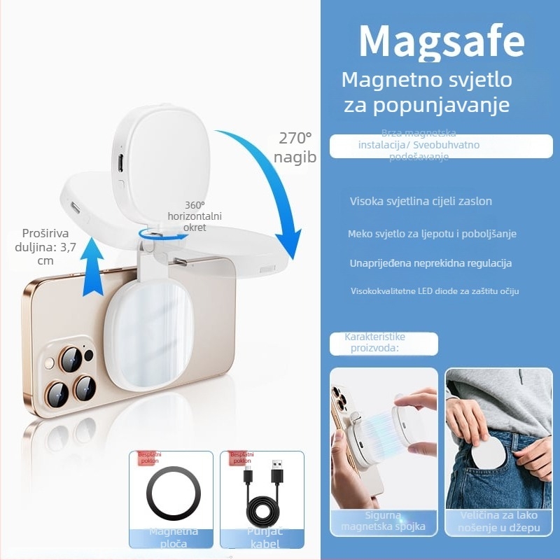 MagSafe magnetsko dopunsko svjetlo za mobitel – prijenosno selfie svjetlo za uživo prijenos, uživa fotografija, ručna upotreba, 2W, 5V/1A, 2500–9900K