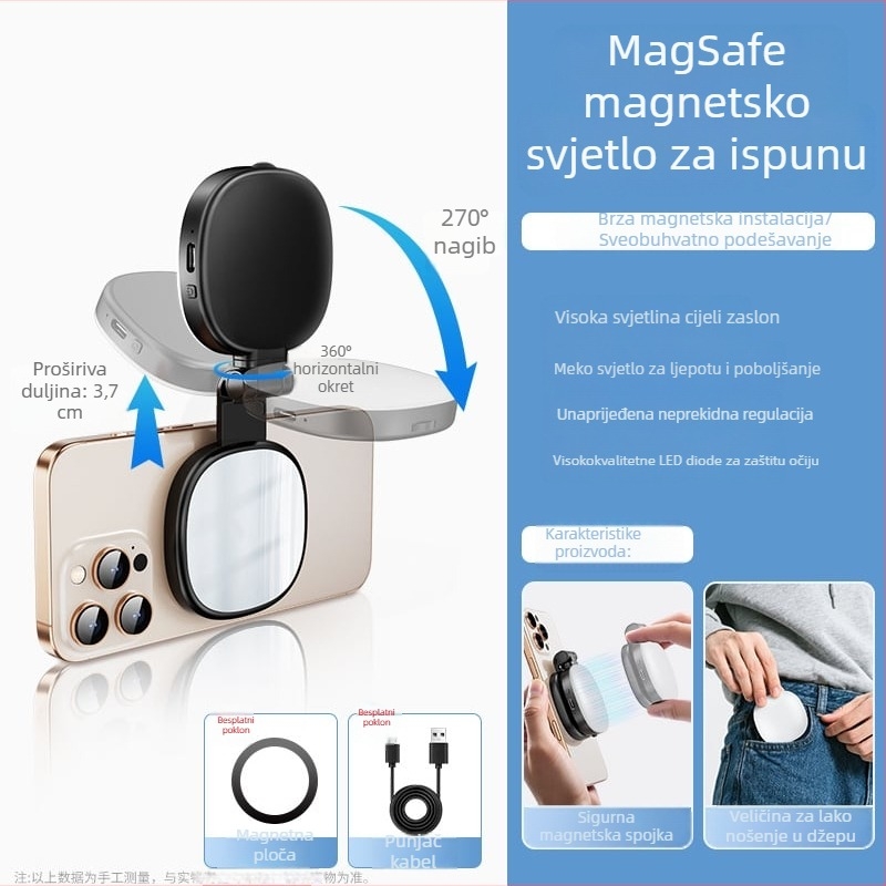 MagSafe magnetsko dopunsko svjetlo za mobitel – prijenosno selfie svjetlo za uživo prijenos, uživa fotografija, ručna upotreba, 2W, 5V/1A, 2500–9900K