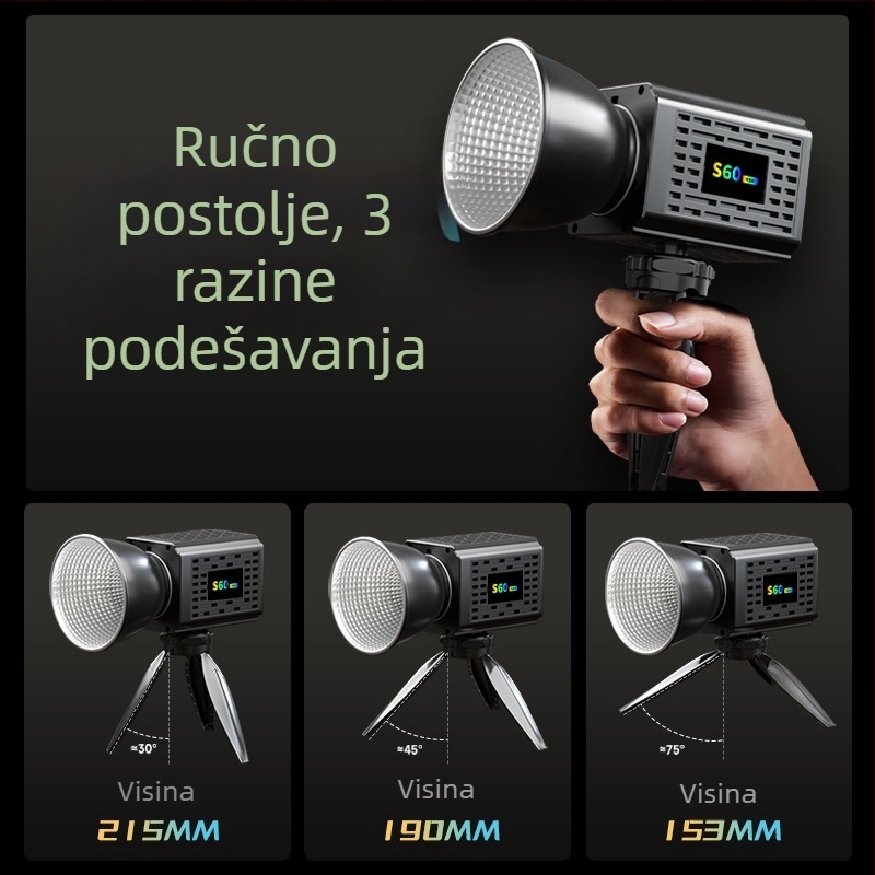 COB LED rasvjeta za fotografiju, prijenosna i punjiva, 60W, pogodna za fotografiju, ljepotu i prijenos uživo, širok ulazni napon (DC 9–11V / AC 185–245V)