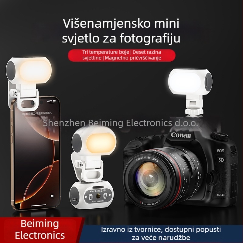 Magnetsko svjetlo za mobitel i stabilizator kamere – prenosno osvjetljenje za selfie s prilagodljivom temperaturom boje 2500K–9900K, snaga ispod 10W, baterija 800mAh, 5V/1A