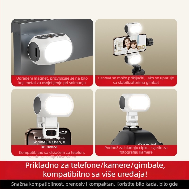 Magnetsko svjetlo za mobitel i stabilizator kamere – prenosno osvjetljenje za selfie s prilagodljivom temperaturom boje 2500K–9900K, snaga ispod 10W, baterija 800mAh, 5V/1A