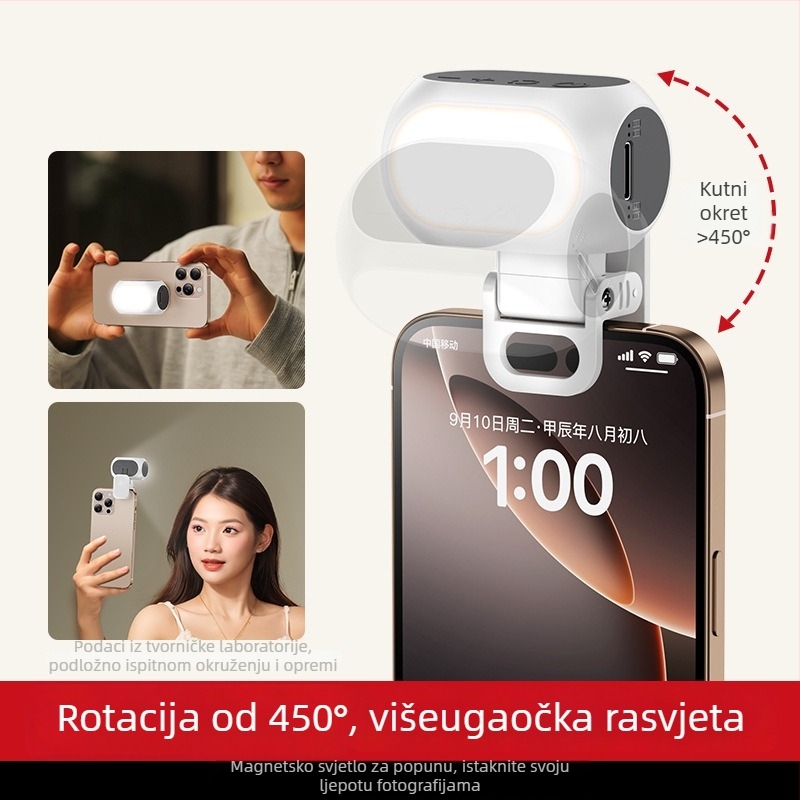 Magnetsko svjetlo za mobitel i stabilizator kamere – prenosno osvjetljenje za selfie s prilagodljivom temperaturom boje 2500K–9900K, snaga ispod 10W, baterija 800mAh, 5V/1A