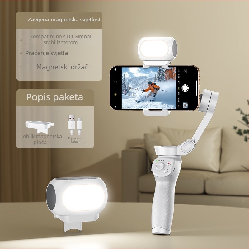 Magnetsko svjetlo za mobitel i stabilizator kamere – prenosno osvjetljenje za selfie s prilagodljivom temperaturom boje 2500K–9900K, snaga ispod 10W, baterija 800mAh, 5V/1A