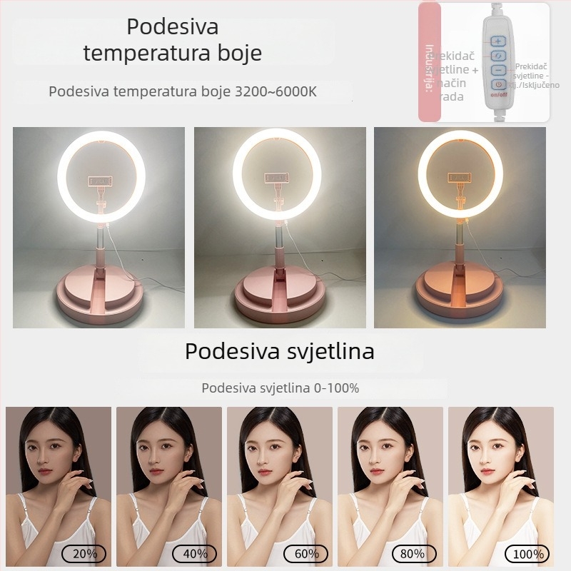 12-inčna RGB LED lampa za ljepotu, prilagodljiva temperatura boje, stolna ili podna, sklopiva svjetlost za live streaming