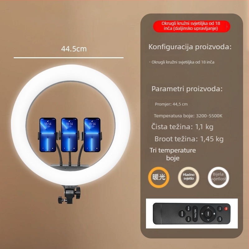 Ring svjetlo za livestream s osvjetljenjem lica, prijenosni stalak s tri pozicije, 37W, 12V