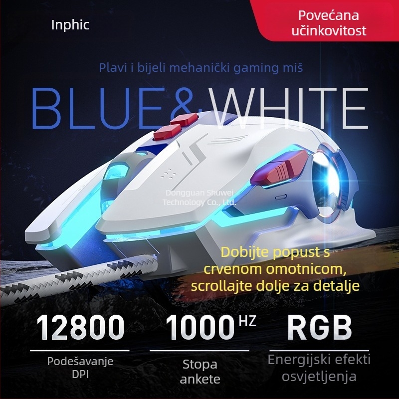 Žičana mehanička gaming miša W9 s makro-programiranjem, 7 tipki, USB, optički senzor