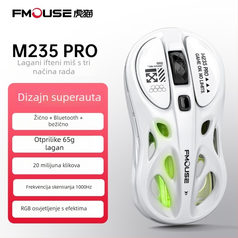 Tiger Cat M235Por gaming miš – lagan, tri načina bežične povezanosti (Bluetooth, 2,4 GHz, kabel), RGB osvjetljenje, 4800 DPI, 8 tipki