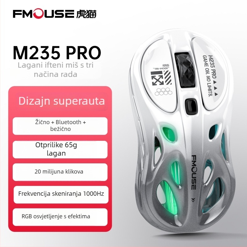 Tiger Cat M235Por gaming miš – lagan, tri načina bežične povezanosti (Bluetooth, 2,4 GHz, kabel), RGB osvjetljenje, 4800 DPI, 8 tipki