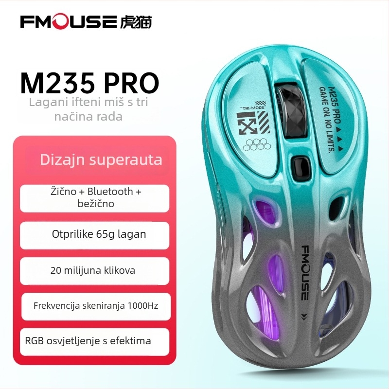Tiger Cat M235Por gaming miš – lagan, tri načina bežične povezanosti (Bluetooth, 2,4 GHz, kabel), RGB osvjetljenje, 4800 DPI, 8 tipki