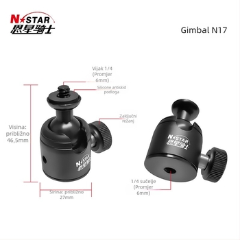 N-Star prijenosni multifunkcionalni gimbal za kameru/telefon s 360° horizontalnom i 90° vertikalnom rotacijom, vijcima fiksiranje, aluminijska legura, pogodan za unutarnje i vanjske snimanje