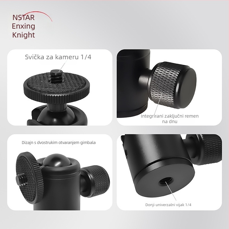 N-Star prijenosni multifunkcionalni gimbal za kameru/telefon s 360° horizontalnom i 90° vertikalnom rotacijom, vijcima fiksiranje, aluminijska legura, pogodan za unutarnje i vanjske snimanje