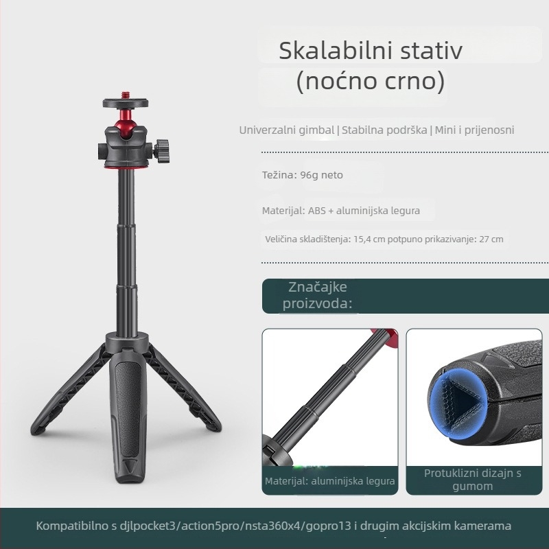 Pocket 3 Mini ručni stativ – 3-dijelni teleskopni držač za DJI Action 5 Pro/4/3, ABS+metala, kuglasta glava, nosivost 2–5 kg