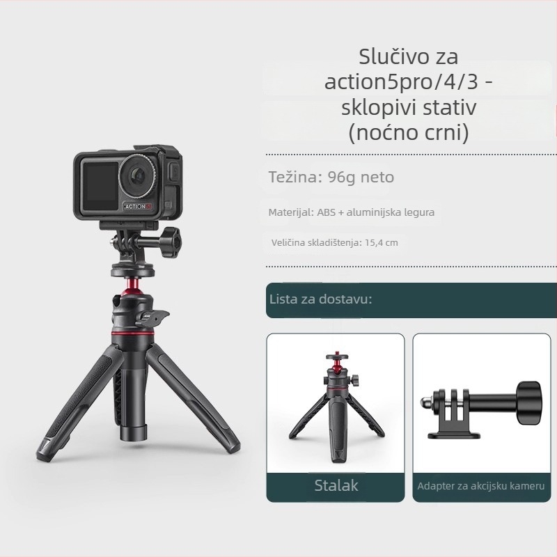 Pocket 3 Mini ručni stativ – 3-dijelni teleskopni držač za DJI Action 5 Pro/4/3, ABS+metala, kuglasta glava, nosivost 2–5 kg