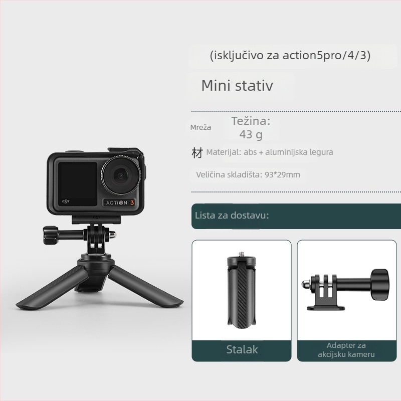 Pocket 3 Mini ručni stativ – 3-dijelni teleskopni držač za DJI Action 5 Pro/4/3, ABS+metala, kuglasta glava, nosivost 2–5 kg