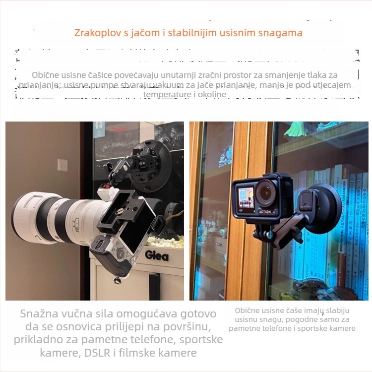 Vakuumski auto držač s višenamjenskim proširivim nosačem za telefon, akcijsku kameru i bezzrcalnu kameru