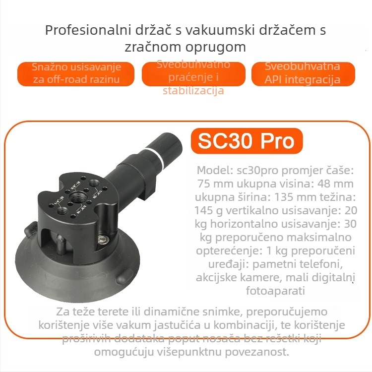 Vakuumski auto držač s višenamjenskim proširivim nosačem za telefon, akcijsku kameru i bezzrcalnu kameru