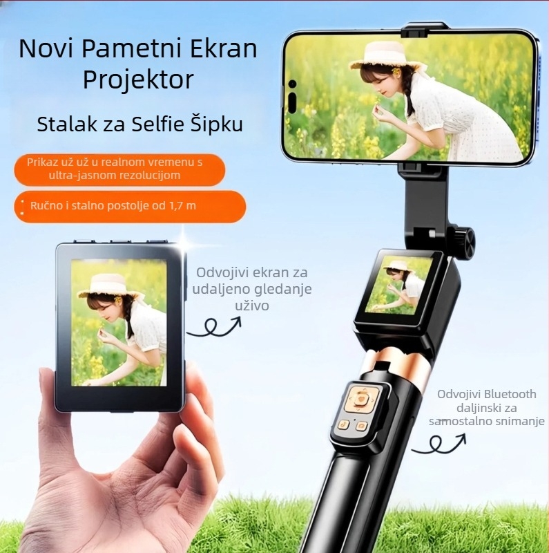 Inteligentni selfie štapić s projekcijom zaslona, daljinskim upravljačem, Bluetoothom, ugrađenom rasvjetom i stabilizacijom slike