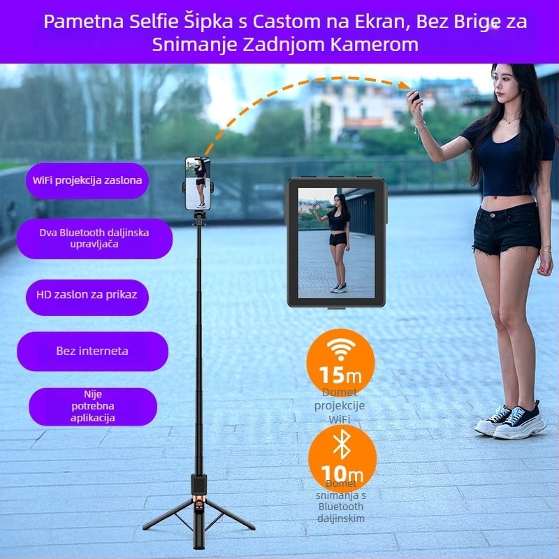 Inteligentni selfie štapić s projekcijom zaslona, daljinskim upravljačem, Bluetoothom, ugrađenom rasvjetom i stabilizacijom slike
