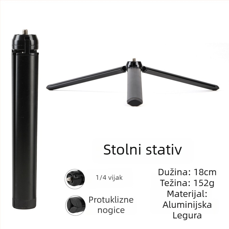 Stativ od aluminijske legure s kugličnom glavom, 3 sekcije, nosivost do 2 kg, težina 152 g