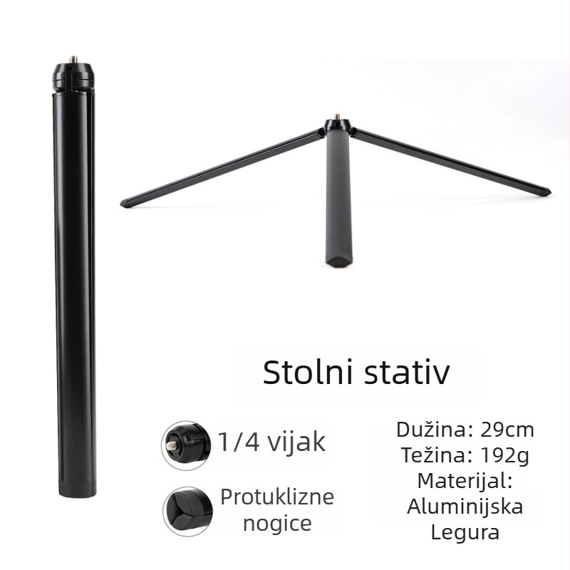 Stativ od aluminijske legure s kugličnom glavom, 3 sekcije, nosivost do 2 kg, težina 152 g