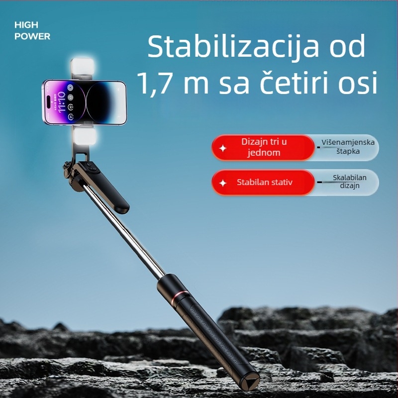 Bluetooth gimbal selfie štap sa stativom — 3-u-1 držač za telefon, ugrađeno svjetlo, daljinsko upravljanje, univerzalna kompatibilnost