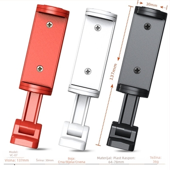 Vndefo VC-07 Višestrani rotirajući klip za telefon za stativ, aluminij-zink legura, nosivost do 2 kg, težina 0,036 kg, horizontalni i vertikalni selfie, prijenos uživo videa