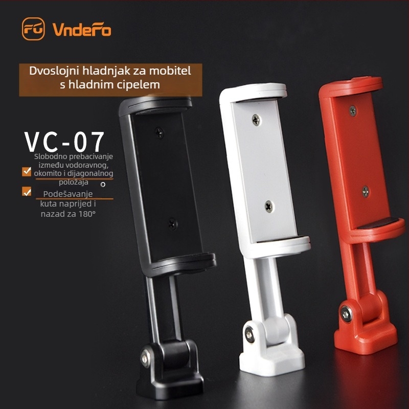 Vndefo VC-07 Višestrani rotirajući klip za telefon za stativ, aluminij-zink legura, nosivost do 2 kg, težina 0,036 kg, horizontalni i vertikalni selfie, prijenos uživo videa