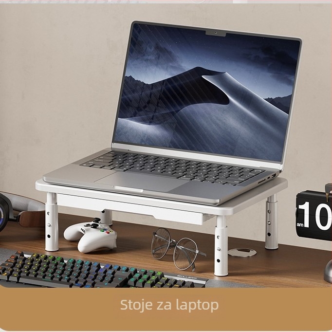 Stolni stalak s policom i ladicama, podizni stalak za monitor i laptop, visina podesiva, materijal od hladno valjanog čelika + plastika, neto težina 864 g