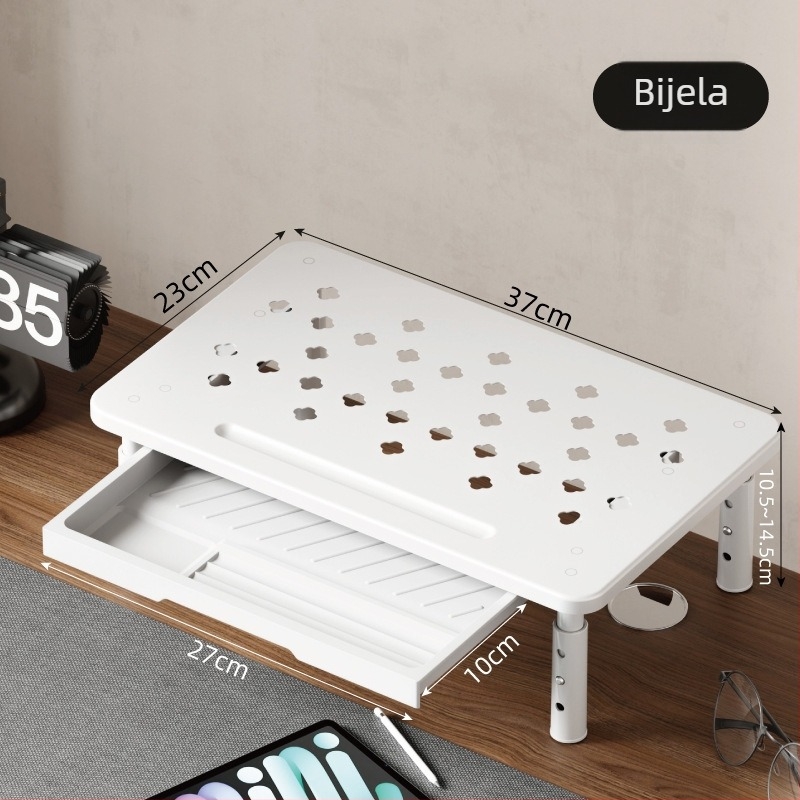 Stolni stalak s policom i ladicama, podizni stalak za monitor i laptop, visina podesiva, materijal od hladno valjanog čelika + plastika, neto težina 864 g