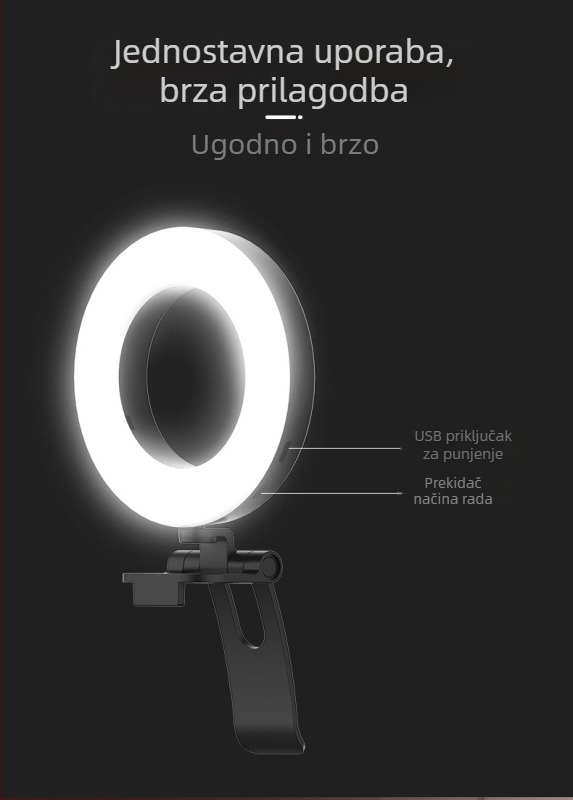 Klip-om kružno svjetlo za live streaming — za mobitel i računalo, USB napajanje 5V, manje od 10W, promjenjiva jačina svjetla