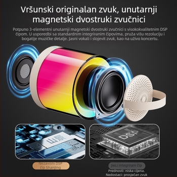Bluetooth zvučnik s TF kartom, USB-C i Bluetooth 5.3; 2-kanalni zvuk, 100 Hz–20 kHz; izlaz <10 W; reprodukcija 3–4 h; TF kartica do 32 GB.