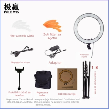 Prijenosna kružna svjetiljka za fotografiju – 240 LED, 5600K, 55W, 100–240V, podesiva svjetlina, domet do 4 m, model RL-18PDF