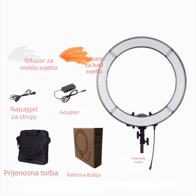 Prijenosna kružna svjetiljka za fotografiju – 240 LED, 5600K, 55W, 100–240V, podesiva svjetlina, domet do 4 m, model RL-18PDF