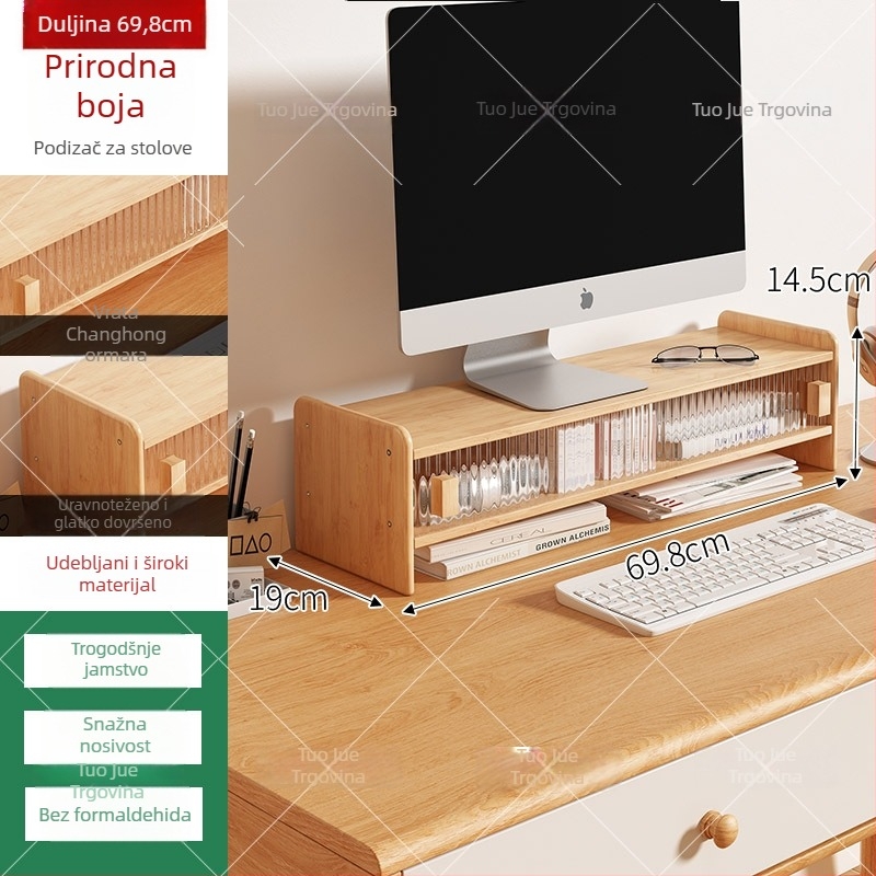 Dvostupanjski držač monitora od bambusa s prostorom za pohranu, moderan minimalistički stil, višestruka namjena