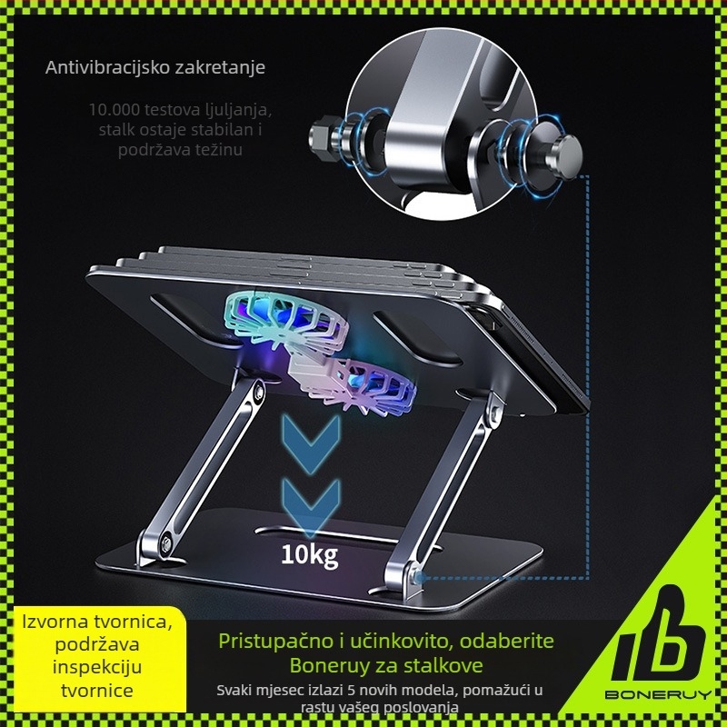 Stojak za hlađenje prijenosnog računala, aluminijska legura, model P43F, kompatibilan s uređajima od 14–17,3 inča, težina 853 g, tip podizanja