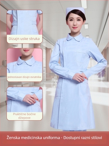 Medicinska uniforma: vršni dio s djelomičnim kopčanjem, okrugli ovratnik, dugi rukavi, zimska uska silueta; pamuk 90–95% za medicinsko osoblje u dentalnim i kozmetičkim klinikama