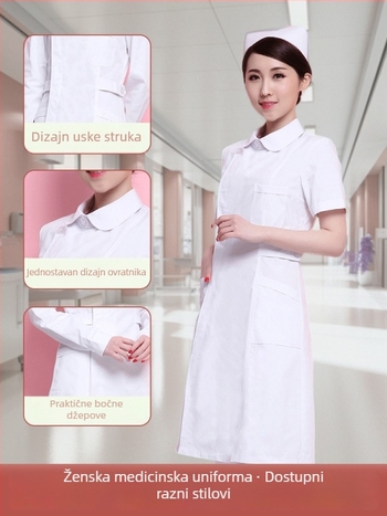 Medicinska uniforma: vršni dio s djelomičnim kopčanjem, okrugli ovratnik, dugi rukavi, zimska uska silueta; pamuk 90–95% za medicinsko osoblje u dentalnim i kozmetičkim klinikama