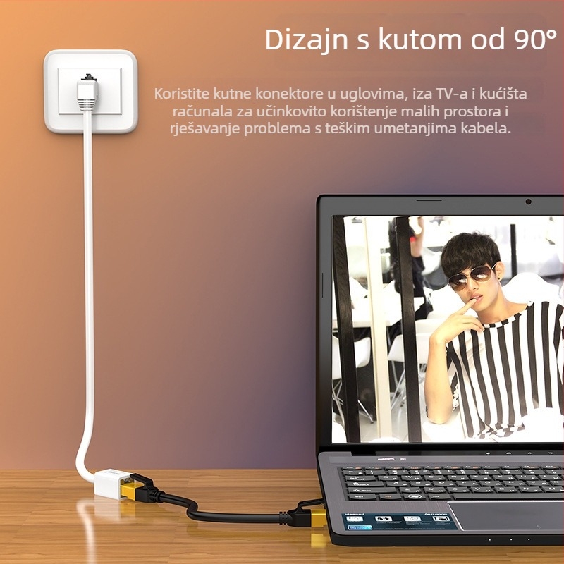 Cat7 mrežni produžni kabel s RJ45 muškim–ženskim kutnim adapterom; duljine: 0.5 m, 1 m, 1.5 m, 2 m, 3 m