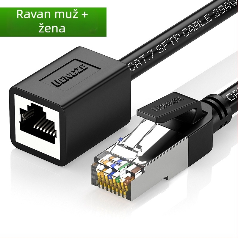 Cat7 mrežni produžni kabel s RJ45 muškim–ženskim kutnim adapterom; duljine: 0.5 m, 1 m, 1.5 m, 2 m, 3 m