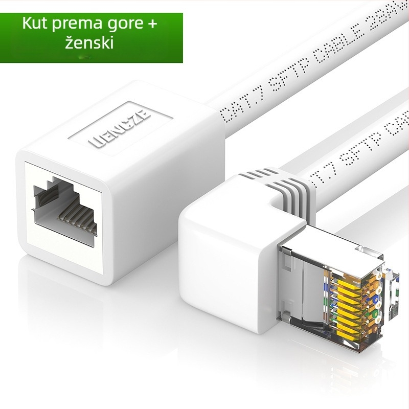 Cat7 mrežni produžni kabel s RJ45 muškim–ženskim kutnim adapterom; duljine: 0.5 m, 1 m, 1.5 m, 2 m, 3 m
